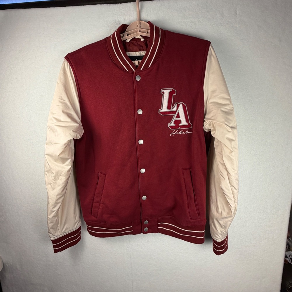 Hollister Varsity Jacket Mens Large Burgundy Cream Southern California LA Bomber